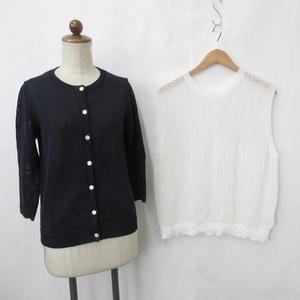 ヒューマンウーマン HUMAN WOMAN カーディガン ニットベスト 2枚セット 七分袖 丸首 前あき 透かし編み 紺 白 ネイビー ホワイト M レディース