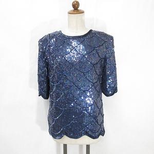Frank Usher ブラウス パーティ フォーマル クルーネック 半袖 スパンコール ビーズ シルク 紺 ネイビー S レディース