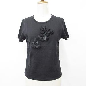 ピエールカルダン Pierre Cardin ニット セーター 半袖 丸首 花モチーフ アップリケ ウール 黒 ブラック L レディース