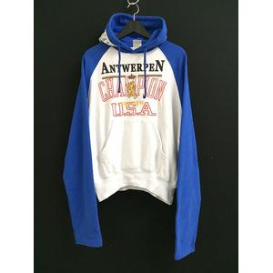 ヴェトモン ベトモン VETEMENTS チャンピオン CHAMPION 17SS ANTWERPEN フーディ プルオーバーパーカー 切替 プリント ホワイト ブルー 白 青 S メンズ