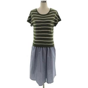 ジ エンポリアム The Emporium ワンピース ニット 切替え ドッキング ひざ丈 フレア 半袖 ボーダー カーキ ホワイト 白 ブルー 青 M レディース 155 ベクトルパーク