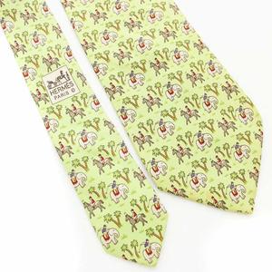 エルメス HERMES ネクタイ ゾウ ウマ アニマル柄 シルク 黄緑 グリーン /☆G ■MU ■OH メンズ