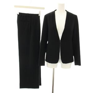 インディヴィ INDIVI スーツ セットアップ 上下 ウールライクノーカラージャケット イージーパンツ スラックス ストライプ柄 36 黒 ブラック /YT ■BM レディース