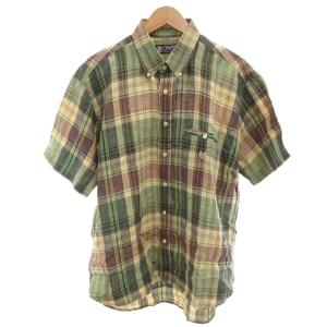 チャップス CHAPS 美品 シャツ 2L 緑 グリーン チェック柄 ボタンダウン 半袖 麻 リネン /NL ■ECE006 メンズ