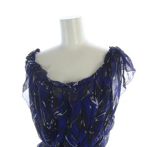 【中古】プラダ PRADA チュニック ノースリーブ ミニワンピース ロゴ フリル 総柄 絹 シルク 44 XL 青 ブルー 黒 プラダ PRADA チュニック ノースリーブ ミニワンピース ロゴ フリル 総