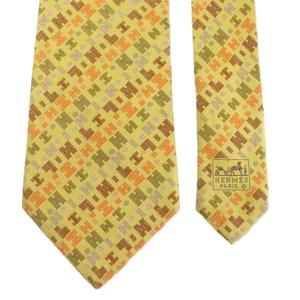 エルメス HERMES ネクタイ 絹 シルク ワイドタイ Hロゴ 総柄 黄色 イエロー /XZ ■GY19 メンズ