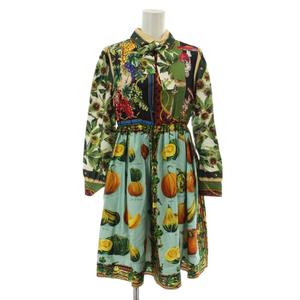 ドルチェ&ガッバーナ ドルガバ DOLCE&GABBANA 21AW シャツワンピース キッズ 子供服 絹 シルク 長袖 ロング フルーツ リーフ フラワー プリント 総柄 リボン 9/10 132-143㎝ マルチカラー /XZ ■GY44 キッズ