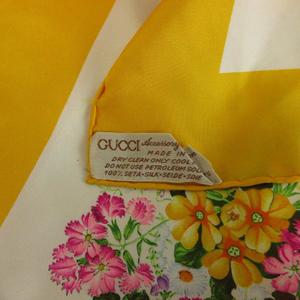 グッチ GUCCI ヴィンテージ スカーフ 大判 絹 シルク 花束 フラワーブーケ 総柄 ロゴ 黄色 イエロー マルチカラー /XZ ■GY19 レディース