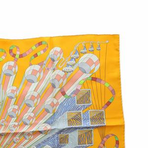 エルメス HERMES カレ90 フェルマータ Point D'ORGUE 大判スカーフ ストール 絹 シルク ロゴ 総柄 オレンジ ■GY17 /MQ ■OH レディース