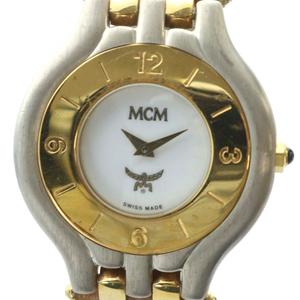 エムシーエム MCM ジャンク品 腕時計 ウォッチ クォーツ 白文字盤 ロゴ レザーベルト ゴールド色 ■GY18 /MQ レディース