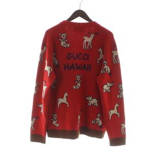 グッチ GUCCI HAWAII カーディガン ウール コットン ニット Vネック アニマル 総柄 赤 レッド ■GY18 /MQ メンズ