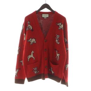 グッチ GUCCI HAWAII カーディガン ウール コットン ニット Vネック アニマル 総柄 赤 レッド ■GY18 /MQ メンズ