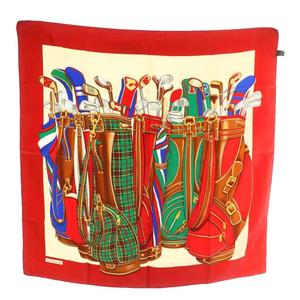 ラルフローレン RALPH LAUREN スカーフ 大判 絹 シルク ゴルフクラブ 総柄 ロゴ 赤 レッド /XZ ■GY18 レディース