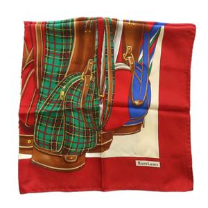 ラルフローレン RALPH LAUREN スカーフ 大判 絹 シルク ゴルフクラブ 総柄 ロゴ 赤 レッド /XZ ■GY18 レディース