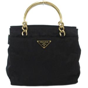 プラダ PRADA ハンドバッグ ロゴ 三角プレート メタルハンドル チェーン ナイロン 黒 ブラック /AE ■GY18 レディース