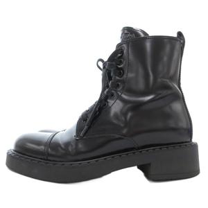 プラダ PRADA ショートブーツ 38.5 25.5cm シューズ レザー 本革 レースアップ サイドジップ 黒 ブラック /AE ■GY18 メンズ レディース