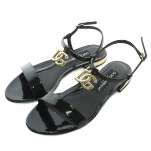 【中古】DOLCE&GABBANA サンダル エナメル オープントゥ フラット ストラップ DGロゴ ゴールド金具 37 24cm 黒 ドルチェ&ガッバーナ ドルガバ DOLCE&GABBANA サンダル エナメル