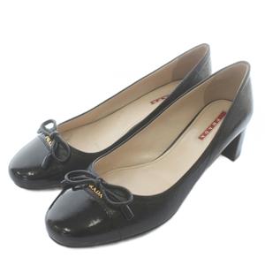 プラダ PRADA パンプス エナメル レザー ラウンドトゥ ヒール リボン ロゴ 37 24㎝ 黒 ブラック /XZ ■GY18 レディース