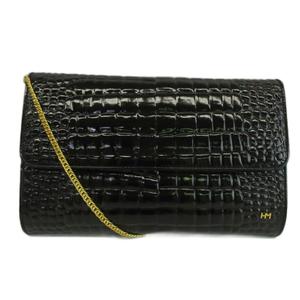 ハナエモリ HANAE MORI ショルダーバッグ クラッチバック 2WAY エナメル クロコ型押し チェーン HMロゴ ゴールド金具 黒 ブラック /XZ ■GY11 レディース