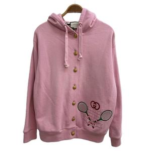 グッチ GUCCI 19AW テニス エンブロイダリー パーカー スウェット 長袖 裏地総柄 刺繍 ロゴボタン オーバーサイズ S ピンク 572808-XJBIW /XZ ■GY40 メンズ