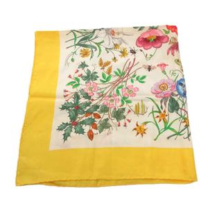 グッチ GUCCI スカーフ チーフ ボタニカル柄 絹 シルク 黄 イエロー /FF ■GY11 レディース