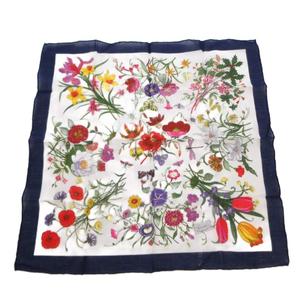 グッチ GUCCI スカーフ 花柄 フローラプリント シルクツイル 白 ホワイト 紺 ネイビー /FF ■GY11 レディース