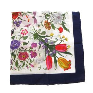 グッチ GUCCI スカーフ 花柄 フローラプリント シルクツイル 白 ホワイト 紺 ネイビー /FF ■GY11 レディース