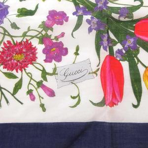 グッチ GUCCI スカーフ 花柄 フローラプリント シルクツイル 白 ホワイト 紺 ネイビー /FF ■GY11 レディース