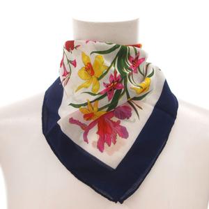 グッチ GUCCI スカーフ 花柄 フローラプリント シルクツイル 白 ホワイト 紺 ネイビー /FF ■GY11 レディース