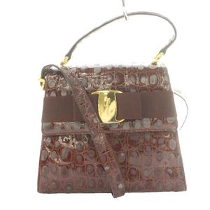 サルヴァトーレフェラガモ Salvatore Ferragamo ヴァラ リボン 2WAYバッグ ハンド ショルダー ロゴプレート 型押しレザー 茶 ブラウン グレー /SS ■OS ■GY18 レディース