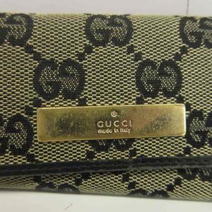 グッチ GUCCI キーケース 三つ折り 6連 GGキャンバス レザー 総柄 ロゴプレート 黒 ブラック 033・3731・0869 /XZ ■GY11 レディース