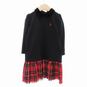 ポロ ラルフローレン POLO RALPH LAUREN ワンピース ひざ丈 長袖 襟ベロア チェック フリンジ 5 黒 ブラック 赤 レッド /JS キッズ