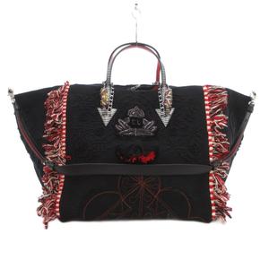 クリスチャンルブタン Christian louboutin ポルトガバ PORTUGABA トート ハンドバッグ ショルダー 2WAY 斜め掛け キャンバス スタッズ フリンジ 黒 ブラック 赤 レッド /GV ☆AA★ レディース