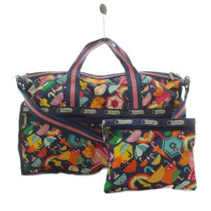 レスポートサック LesportSAC ボストンバッグ ハンドバッグ ショルダーバッグ 2way ポーチ付き 総柄 ナイロン マルチカラー オレンジ ピンク 黄 イエロー 紺 ネイビー /AN レディース