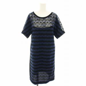 ルイヴィトン LOUIS VUITTON ワンピース ひざ丈 半袖 モノグラムフラワー ボーダー柄 レース 絹 シルク 34 紺 ネイビー 黒 ブラック RW141W F5DR05B85 /YT レディース