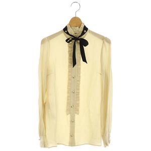 グッチ GUCCI ボウタイブラウス 長袖 フリル パールボタン 36 ベージュ 