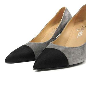 CHANELシャネルサテン黒パンプスゴールドポインテッドトゥハイヒール351/2 シャネル CHANEL パンプス ハイヒール ポインテッドトゥ ココマーク