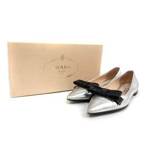 PRADA シルバー リボン付きフラットシューズ プラダ PRADA フラットシューズ パンプス ポインテッドトゥ リボン
