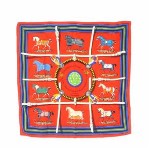 エルメス HERMES カレ90 Couvertures et tenues de jour馬着 スカーフ 赤 レッド 青 黄色 馬柄 シルク /RI ■OS レディース