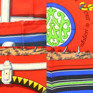 エルメス HERMES カレ90 Couvertures et tenues de jour馬着 スカーフ 赤 レッド 青 黄色 馬柄 シルク /RI ■OS レディース