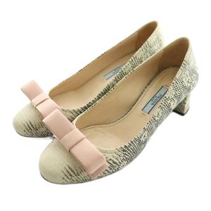 プラダ PRADA パンプス パイソン型押し リボン オフホワイト 黒 ブラック /SS ■OS レディース