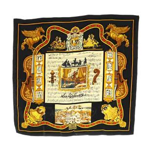 エルメス HERMES IN SALZBURG ザルツブルグにて カレ90 スカーフ シルク 黒 ブラック ゴールドカラー /SS ■OS ■OH レディース