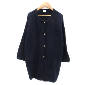 ビュルデサボン bulle de savon カーディガン ロング丈 ラウンドネック 無地 ウール オーバーサイズ F 紺 ネイビー /YK31 レディース