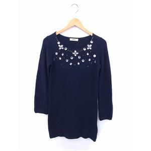 ミーア Miia ワンピース ニット ビジュー 丸首 長袖 ひざ丈 F ネイビー 紺 Ft レディース 172 ベクトルパーク