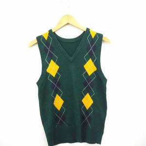 ベスト ニット チェック Vネック 袖なし ノースリーブ M グリーン