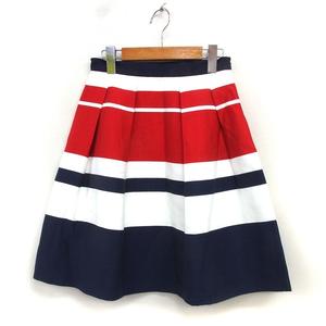 エフデ ef-de ボーダー フレア スカート ひざ丈 タック コットン混 サイドジップ 7 紺 ネイビー /NT17 レディース