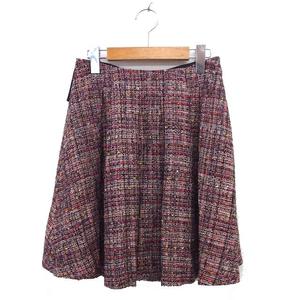 エフデ ef-de ツイード フレア スカート ひざ丈 リボン タック サイドジップ 9 赤 レッド /NT27 レディース