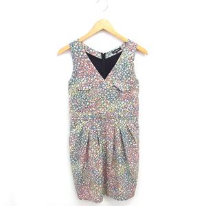 ラブレス LOVELESS ワンピース 花柄 タック ひざ丈 Vネック プルオーバー ノースリーブ 36 緑 グリーン オレンジ /TT レディース