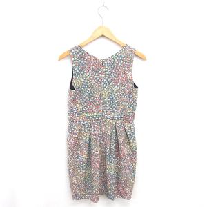 ラブレス LOVELESS ワンピース 花柄 タック ひざ丈 Vネック プルオーバー ノースリーブ 36 緑 グリーン オレンジ /TT レディース