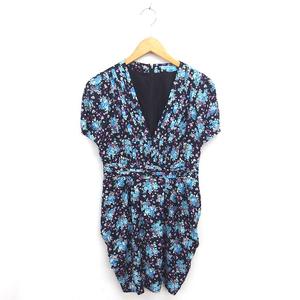 ギルドプライム GUILD PRIME ワンピース バルーン 花柄 ひざ丈 Vネック プルオーバー 半袖 36 ネイビー ライトブルー 紺 青 /TT  レディース